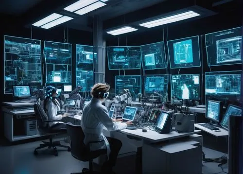 Deepfake image generator, futuristic laboratory, neon lights, holographic screens, AI mainframe, computer towers, cables, robotic arms, futuristic chair, scientist, white lab coat, goggles, messy hair