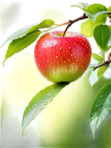 Fresh apple, juicy pulp, green leaves, rounded shape, shiny skin, morning dew, soft natural light, 3/4 composition, shallow depth of field, vibrant color tone, realistic texture, close-up shot.,red ap