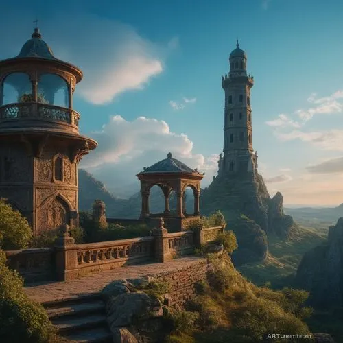 a surreal landscape shows an old tower tower and several smaller towers,theed,cesar tower,cryengine,cirta,eidos,dishonored,Photography,General,Fantasy