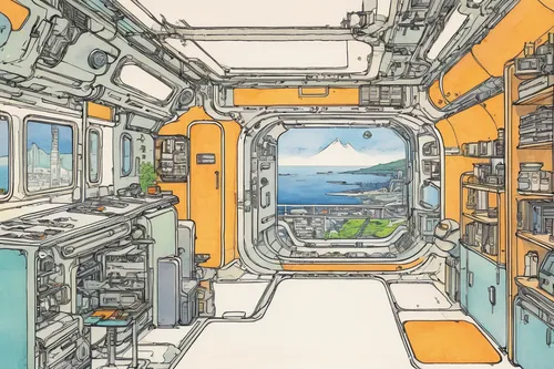 spaceship space,studio ghibli,shuttle,sky space concept,space port,ufo interior,space station,scifi,earth station,spaceship,out space,space capsule,capsule hotel,research station,space voyage,engine room,sci-fi,sci - fi,ocean floor,compartment,Illustration,Paper based,Paper Based 26