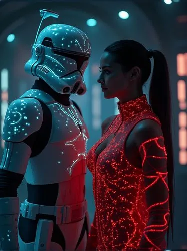 dark night, A glowing Star Wars clone pilot in ARC-170 next to curvy princess Leia as Lt. Ohura wearing glowing jewellery, and an original Star Trek red glowing one-piece jumpsuits made of spandex, zi