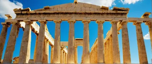 Ancient Greek architecture, Parthenon-inspired, columns, arches, marble material, detailed carvings, ornate decorations, golden accents, Mediterranean landscape, bright blue sky, few white clouds, war