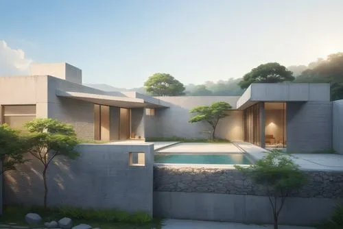 a small house surrounded by trees and rocks,modern house,dunes house,cubic house,3d rendering,concrete blocks,asian architecture,Anime,Anime,Traditional