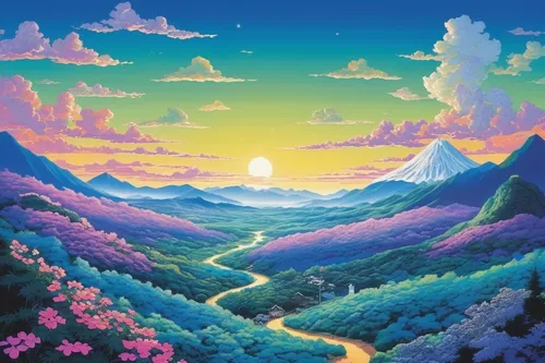 mountain sunrise,valley of the moon,purple landscape,mountain landscape,mountain world,mountain road,mountain highway,high landscape,mountain scene,high mountains,valley,mountainous landscape,fairy world,fantasy landscape,landscape background,mountains,himalaya,mountain valley,mountain,mushroom landscape,Illustration,Japanese style,Japanese Style 20