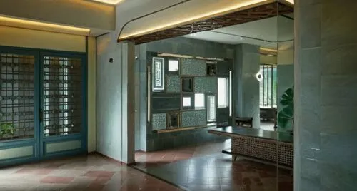 reception, Vietnam, tropical style, art deco, terrazzo floor, washing-stone walls, chrome elements, wood, sun shines through windows. simple ceiling. matte floor. Vietnamese house in 1950s. randomly t