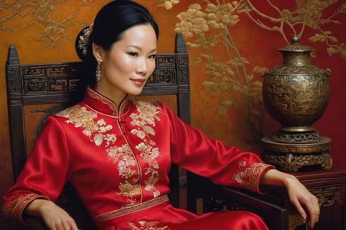 Young Lucy Liu, Chinese American actress, elegant smile, almond-shaped eyes, straight black hair, subtle makeup, red cheongsam, intricately embroidered silk fabric, high collar, long sleeves, flowing 