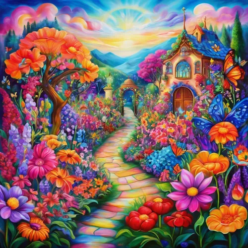 flower garden,cottage garden,flower painting,splendor of flowers,fairy village,colorful background,pathway,harmony of color,home landscape,oil painting on canvas,springtime background,colorful flowers,art painting,yellow garden,colorful life,garden of eden,the mystical path,secret garden of venus,background colorful,blanket of flowers,Illustration,Realistic Fantasy,Realistic Fantasy 37