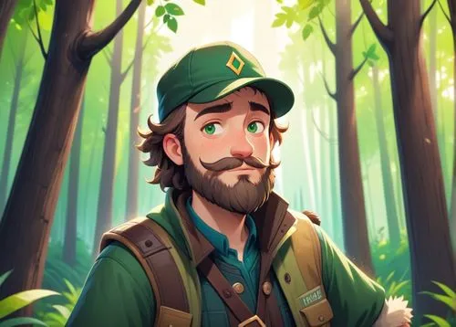 A 50 year old man, he is a forester, he is wearing a cap with a deer logo on it, his beard is greay colored, hes is wearing forester clothes green and brown colored, he has a few rickles on his face,a