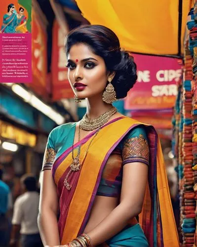 Indian ad magazine, glossy pages, vibrant colors, modern typography, bold headlines, fashionable Indian models, bright lipstick, stylish hair, elegant sarees, luxurious jewelry, ornate backgrounds, in