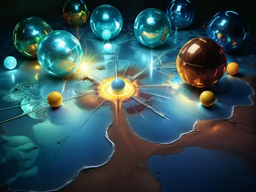 amazing  fractal,colorful, glass balls with various shapes surrounding them,spheres,crystal ball,crystalball,crystal ball-photography,blue spheres,microworlds,Illustration,Realistic Fantasy,Realistic 