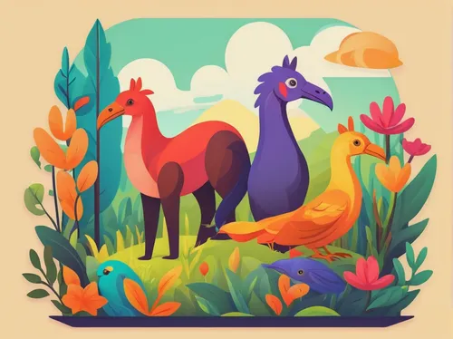 Create a vibrant and playful discord icon featuring animals and nature.,llamas,whimsical animals,forest animals,altiplano,deer illustration,alpacas,camelid,flower and bird illustration,animal icons,fa