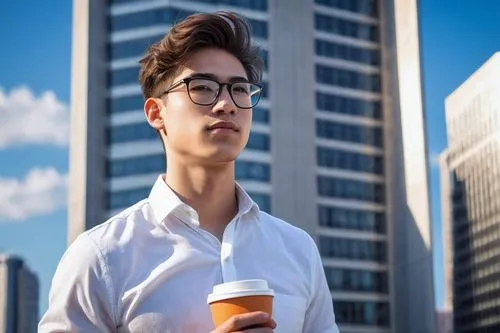 Young male, entry-level architectural designer, 25yo, short hair, black framed glasses, casual wear, white shirt, dark jeans, sneakers, holding a coffee cup, standing in front of a modern skyscraper, 