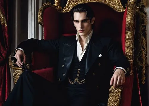 Mephistopheles, demon prince, handsome, slender build, pale skin, sharp facial features, pointed ears, crimson eyes, elegant hairstyle, black coat with golden trim, white shirt, black pants, leather b