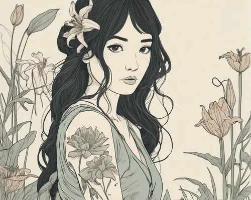 tiger lily,girl in flowers,flora,lilies,flower fairy,mucha,lily of the field,elven flower,lotus art drawing,wilted,overgrown,oriental girl,flower and bird illustration,garden fairy,flower girl,grass lily,geisha girl,oriental princess,faerie,fantasy portrait,Illustration,Vector,Vector 10