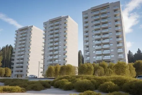 SET OF APARTMENT BUILDINGS WITH STREET AND CARS APPARENT FINISHES IN WARM WHITE CONCRETE, GLASS WITH REFLECTIONS FROM OTHER BUILDINGS, PINE TREES IN THE BACKGROUND OF THE BUILDING, GREAT QUALITY AND L