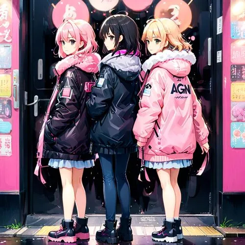 two girls named have their names on the back of their big black and pink puffy coats ,an image of three anime girls dressed up in winter clothes,harajuku,walkure,raincoats,mios,parka,shibuya,Anime,Ani