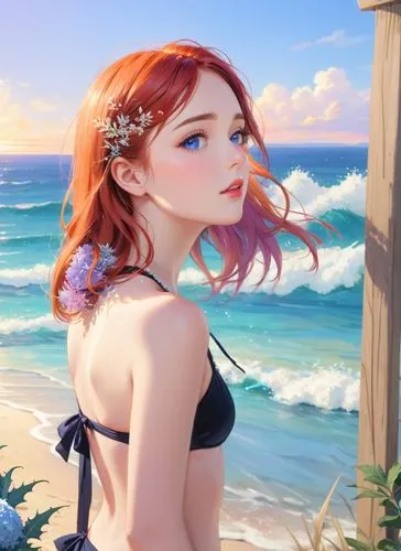  a portrait half body of a caucasian girl, aged between 23 years, red hair, blue eyes, red lips, stand tall on the sandy shore of a tropical beach. She's wearing a  black bikini . The beach is filled 