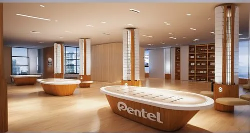 This is a product stand from the art fancy brand 'Pentel.' Products are displayed on the stand with Fentel's logo on it. Each pillar is surrounded by a chair, the seats are cushioned, and the walls ar