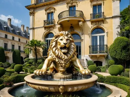 una casa rodeada de un jardín de flores, fuentes de agua y estatuas de león ,lion fountain,hotel de cluny,monte carlo,chateau,villa cortine palace,luxury property,chateau margaux,europe palace,decorat