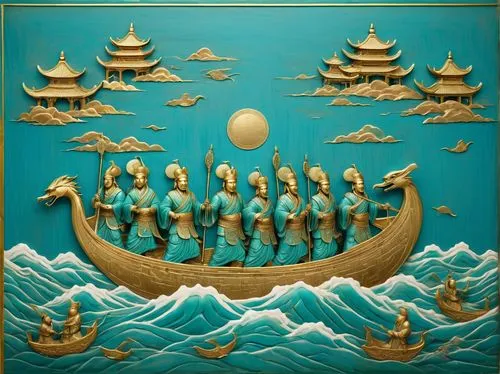 sea fantasy,poseidon,dragon boat,turtle ship,full-rigged ship,sea sailing ship,god of the sea,the people in the sea,birds of the sea,sailing ships,galleon ship,seafaring,sailors,chinese art,dragonboat,sea god,sailing ship,zodiac,sail ship,teal blue asia,Conceptual Art,Fantasy,Fantasy 18