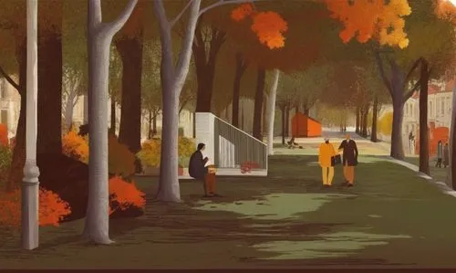 ARCHITECTURE COLLAGE,the painting shows people walking down a tree - lined park,chomet,jatte,bluemner,mcquarrie,autumn park,one autumn afternoon,Illustration,Vector,Vector 05