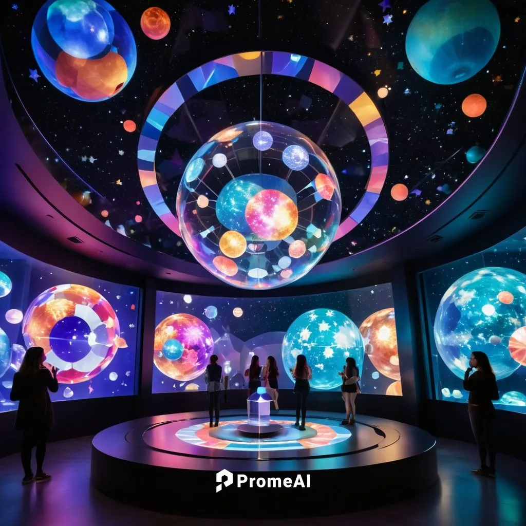 Depict a floating planetarium constructed of crystal and light, drifting among the stars. Inside, celestial bodies spin and dance, showcasing the history of the universe. Visitors can be seen observin