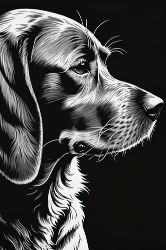 Printmaking, woodcut, line, dot, black and white, masterpiece, extreme detail, masterpiece, animal illustration, black and white sketch, hound, line art, pet portrait, detail texture, art illustration