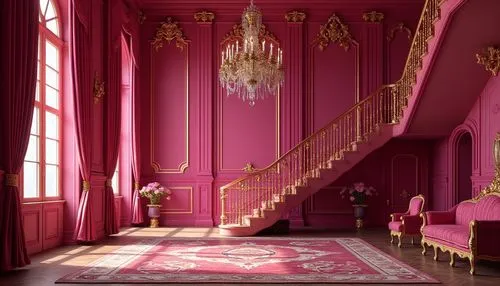 ornate room,staircase,royal interior,ritzau,pink vector,hallway,dark pink in colour,pink chair,rococo,defence,defense,rosenkavalier,outside staircase,staircases,baroque,grandeur,entrance hall,magenta,bright pink,pink,Photography,General,Realistic