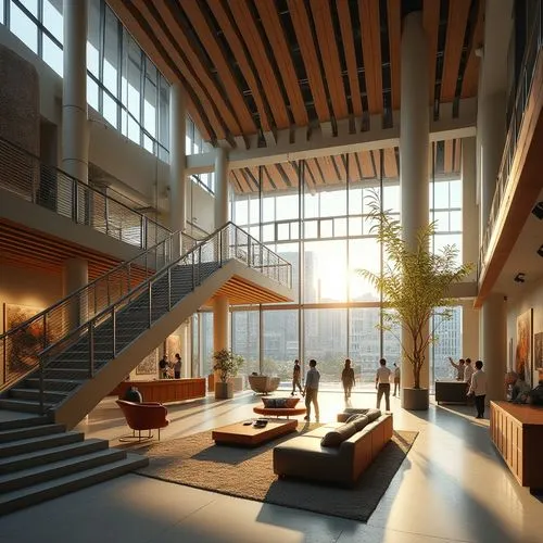 Canyon-inspired design elements, visual arts center, modern architecture, grand atrium, staircase with metal railings, wooden accents, glass ceilings, natural light pouring in, abstract sculptures, co