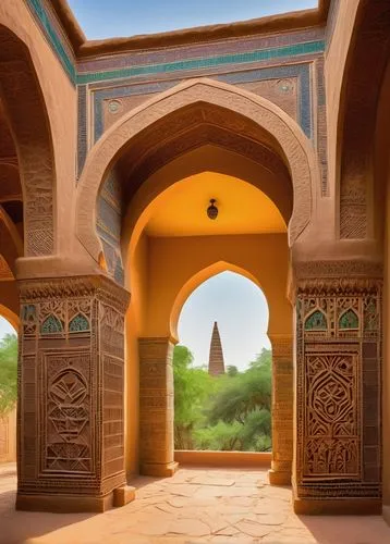 Mali Empire architecture, ancient mud-brick buildings, intricate wooden carvings, grand stone pillars, ornate bronze door handles, colorful ceramic tiles, majestic arches, Moorish-inspired domes, lush