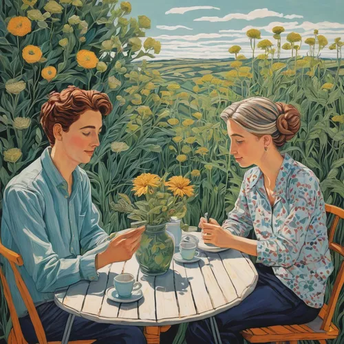 Compose a lively conversation between two best friends discussing their plans for an upcoming party.,young couple,flower painting,florists,picking flowers,tearoom,cloves schwindl inge,cream tea,as a c