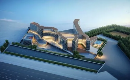 Modern university with alot of tree. Woha style.,an aerial view of the building with its lights on,3d rendering,cube stilt houses,render,cube house,new year 2022,the new year 2020,Photography,General,