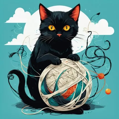 ball of yarn,cat vector,cat's cradle,threadless,yarn balls,yarn,catmull,black cat,salem,vector illustration,basket weaver,cat on a blue background,felino,capricorn kitz,balloon with string,pyewacket,knitter,magpie cat,basketmaker,ravenpaw,Illustration,Black and White,Black and White 07