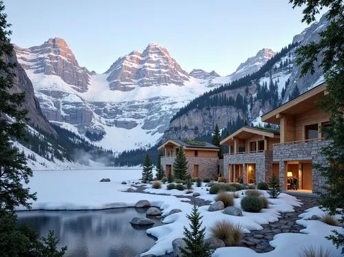 house in mountains,house in the mountains,lake louise,snowy mountains,maroon bells,the cabin in the mountains,emerald lake,beautiful landscape,canadian rockies,snowy landscape,lake moraine,snowy peaks,mountain huts,alpine lake,chalet,suiza,the beauty of the mountains,morain,christmas landscape,kandern