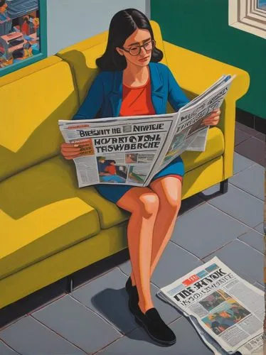 On Monday mornings, she always reads the newspaper.,a painting of a woman on a yellow couch reading a newspaper,newspaper reading,people reading newspaper,readership,reading the newspaper,newspapers,b