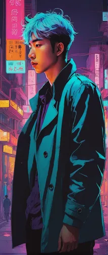 Imagine Namjoon as a detective investigating a mysterious crime in a neon-lit cityscape.,busan night scene,busan,daegu,art background,guk,spy visual,neon lights,cube background,hong,gangneoung,neon li