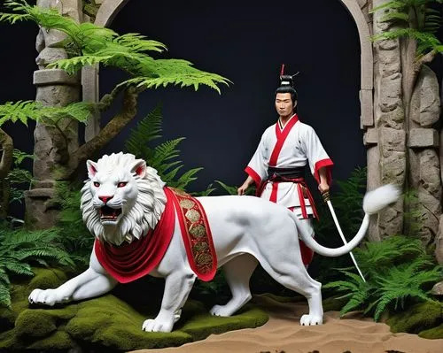 a majestic samurai roams the ancient Japanese enchanted land, surrounded by towering stone walls and towering lions. Its white fur is deep red with white stripes, and its large eyes fixate on a small 