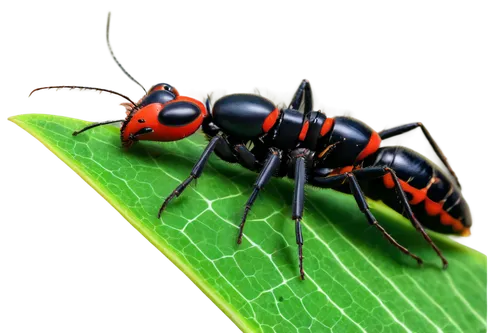 Ant, macro photography, solo, shiny exoskeleton, mandible details, compound eyes, antennae, six legs, black body, red abdomen, standing on a leaf, green background, natural light, close-up shot, 1/2 c