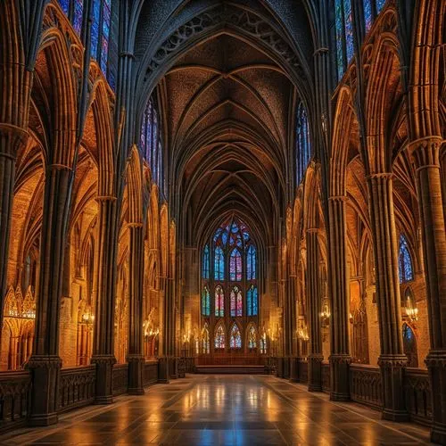 an ornate cathedral with tall ceilings and a long length of pews,ulm minster,koln,nidaros cathedral,transept,cathedral,immenhausen,cologne cathedral,cathedrals,the cathedral,metz,cologne panorama,mark