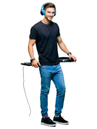 DJ, headphones, microphone, vinyl records, mixing console, studio monitor speakers, neon lights, dark background, dynamic pose, youthful male, casual wear, sneakers, relaxed atmosphere, warm color ton