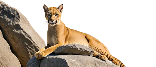 Wild puma, solo, majestic, fur texture detailed, whiskers, ears perked up, eyes bright yellow, muscular body, strong legs, sharp claws, sitting on rocks, morning sunlight, cinematic composition, shall