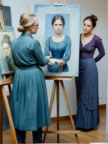 The picture shows Franz Lenbach from behind in the foreground, painting at an easel. On the easel is a half-finished portrait of Anna Schäffer. In the background, slightly offset to the right, Anna Sc