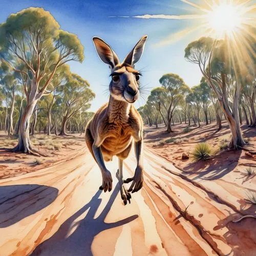 Crie uma cena de cangurus saltitando pela vasta paisagem da Austrália. Destaque suas pernas poderosas e caudas longas, usando tons suaves de aquarela para capturar o calor do deserto ao redor. Ao fund