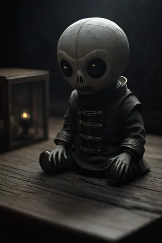 Create a creepy setting with a possessed toy that comes alive at night.,skull statue,a voodoo doll,vintage skeleton,3d render,primitive dolls,doll figure,3d figure,3d model,skull bones,wooden doll,the