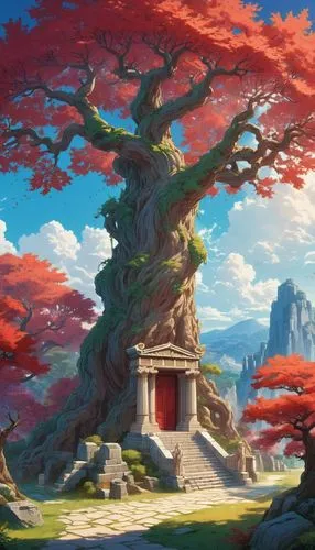 yggdrasil,red tree,sakura tree,flourishing tree,painted tree,blossom tree,the japanese tree,bonsai,japanese sakura background,kanto,sakura background,old tree,japanese maple,colorful tree of life,meteora,isolated tree,tree,lone tree,yazaki,sakura trees,Illustration,Japanese style,Japanese Style 03