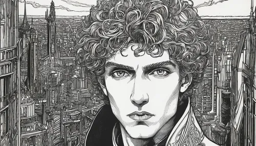 city ​​portrait,brook,mick,twelve,ac dc,the doctor,sherlock,keith-albee theatre,pencil art,metropolis,pompadour,comic style,george,joseph,afro,pen drawing,hand-drawn illustration,monoline art,bouffant,gherkin,Illustration,Black and White,Black and White 28