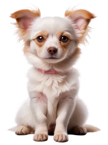 cute dog, small breed, fluffy fur, white paws, pink nose, big brown eyes, floppy ears, sitting posture, front view, detailed texture, soft focus, warm lighting, shallow depth of field, pastel color to