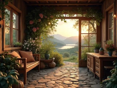 home landscape,summer cottage,sunroom,landscape background,summer evening,cottage,porch,idyll,windows wallpaper,idyllic,front porch,scenery,seclude,evening atmosphere,teahouse,window seat,hideaway,window sill,countryside,tearoom,Photography,General,Realistic