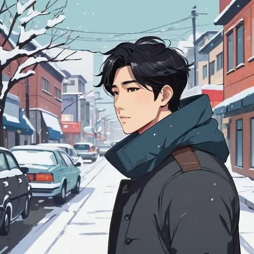 handsome korean guy, winter, black hair, confident, smug, realistic,winter background,winter,snowy,snowfall,snow drawing,snow scene,seoul,winter clothes,winters,freezing,snow,cold weather,midnight sno