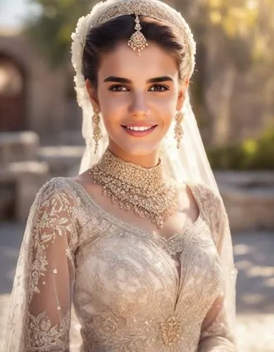 Beautiful sexy iranian bride, smiling, in a traditional dress at her luxurious wedding. Outdoor, sunshine, tropical. Photorealistic. complete delicate facial makeup red lipstick, very long eyelashes, 